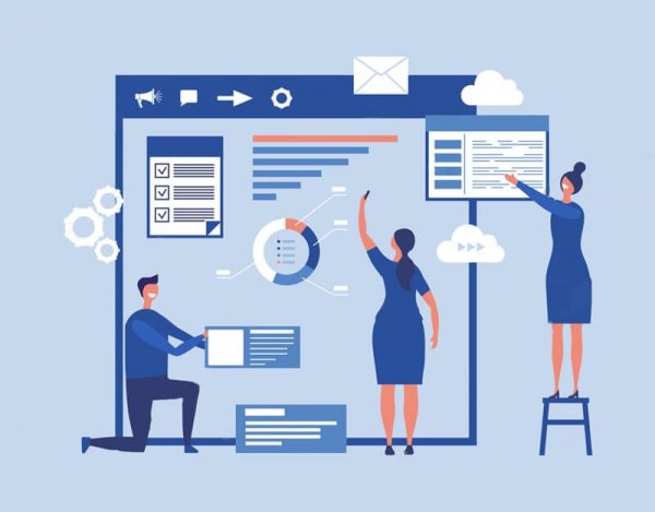 Ilustração de funcionários utilizando software jurídico web