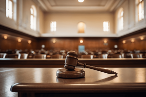 Martelo do Direito ao centro da imagem, em um tribunal, ilustrando um conteúdo do GOJUR sobre homicídio qualificado.