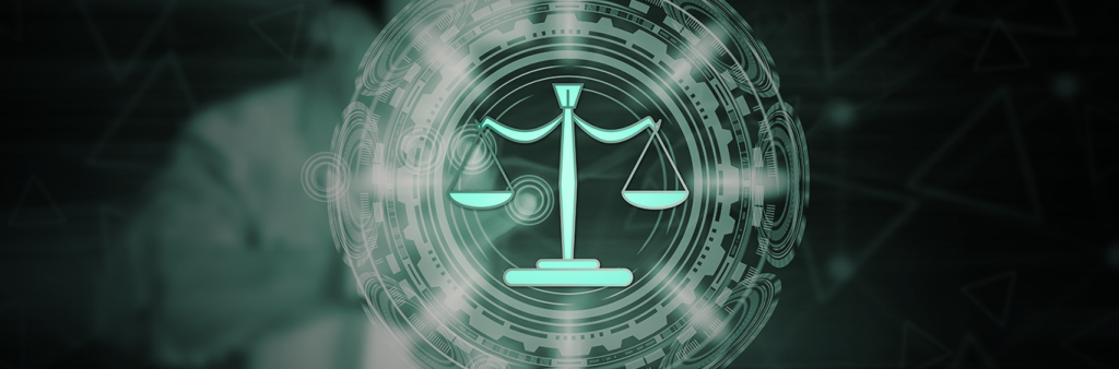 ícone de balança da justiça no centro da imagem, e fumaça ao redor.