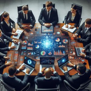 Imagem criada por IA de executivos em reunião