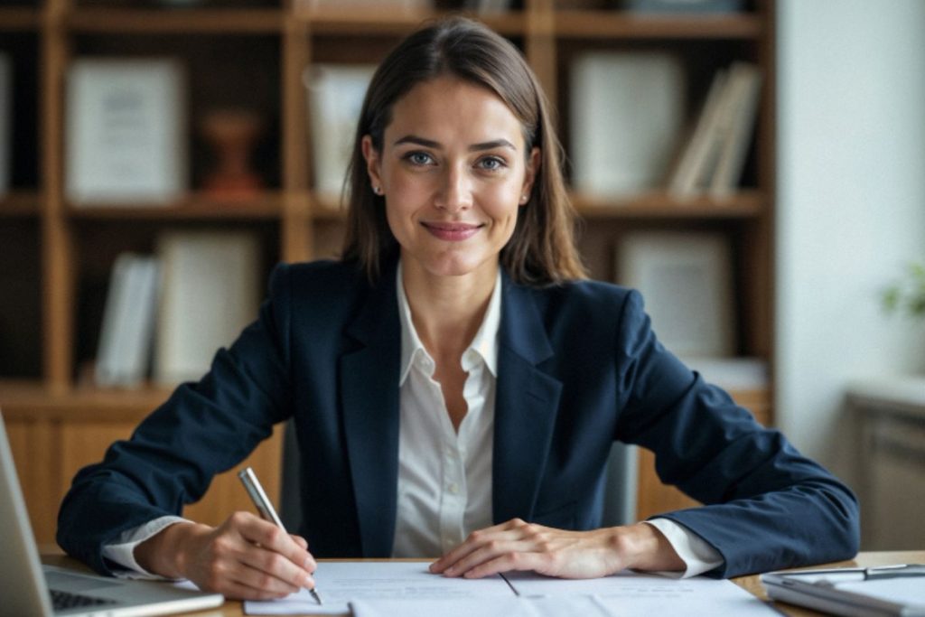 Advogada sentada fazendo anotações em seu escritório, representando os aplicativos para advogados.