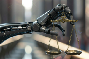 Mão robótica segura uma balança, representando a automação de intimações.